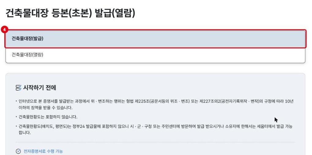 건축물대장 발급 열람 선택 화면