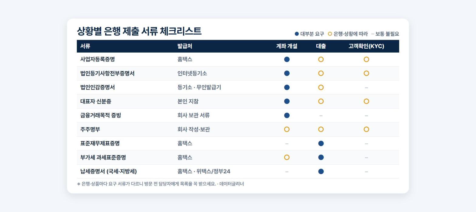 법인 계좌 개설, 대출, 고객확인 상황별 은행 제출 서류 체크리스트