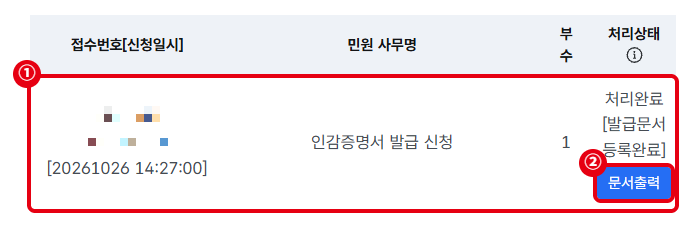 ①인감증명서 발급 신청이 처리완료로 표시됨(접수번호는 모자이크) ②문서출력