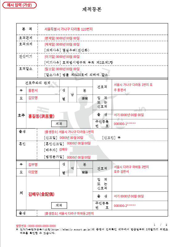 제적등본 1쪽 예시: 본적, 호주, 부·모, 출생·혼인 사항이 적힌 화면(개인정보는 빨간 가상 값)