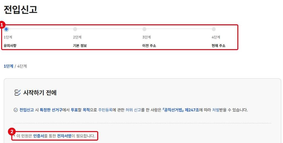 전입신고 신청서 화면입니다. ①유의사항·기본 정보·이전 주소·현재 주소의 4단계, ②인증서 전자서명이 필요하다는 안내입니다.