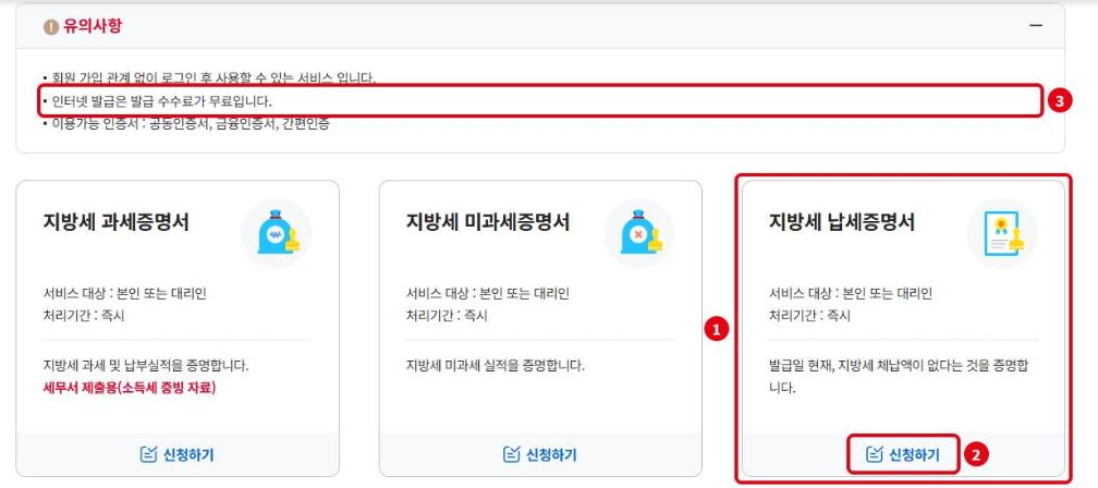 위택스 발급 화면: ① 지방세 납세증명서, ② 신청하기, ③ 인터넷 발급 수수료 무료 안내
