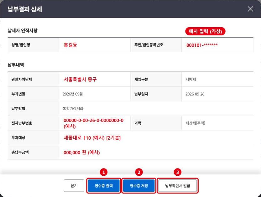납부결과 상세(예시 입력, 가상): ① 영수증 출력, ② 영수증 저장, ③ 납부확인서 발급