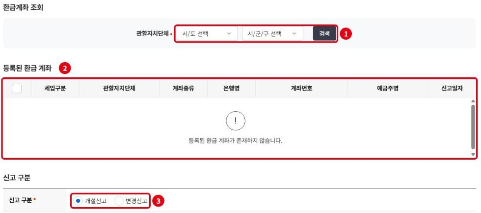 환급계좌 신고 화면: ① 관할자치단체 선택 후 검색, ② 등록된 환급 계좌 확인, ③ 개설신고 또는 변경신고