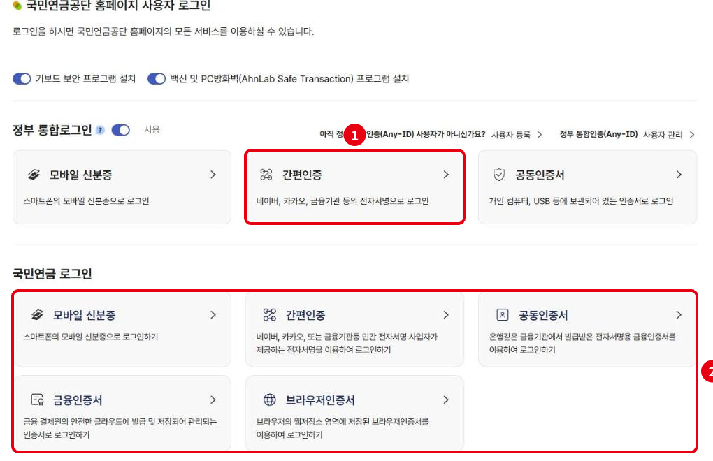 국민연금공단 로그인: ① 정부 통합로그인 간편인증, ② 국민연금 로그인(금융인증서·브라우저인증서 등)