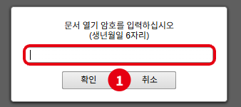 증명서 문서 열기 암호 입력 창: 생년월일 6자리를 넣고 확인