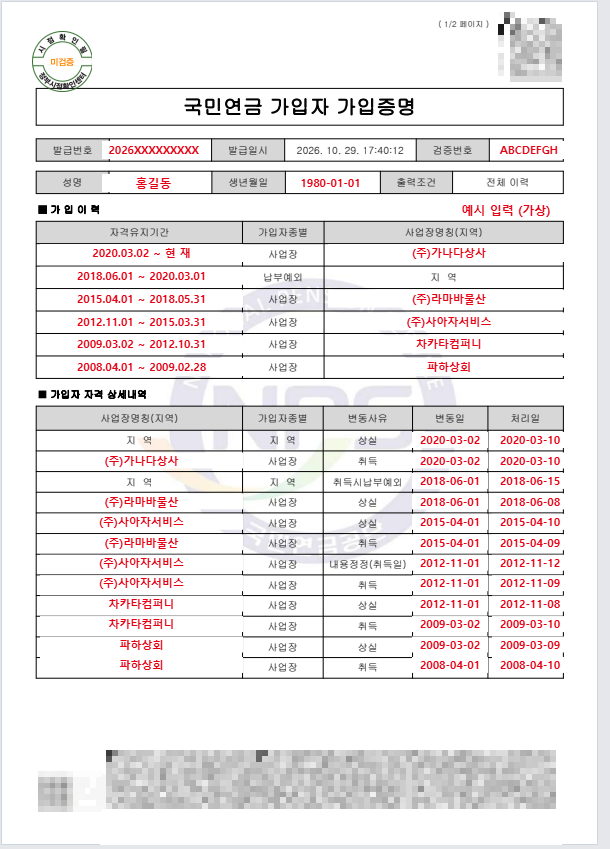 국민연금 가입자 가입증명 1쪽(예시 입력, 가상): 발급번호·성명·생년월일, 가입이력(자격유지기간·가입자종별·사업장명칭), 가입자 자격 상세내역(변동사유·변동일·처리일)