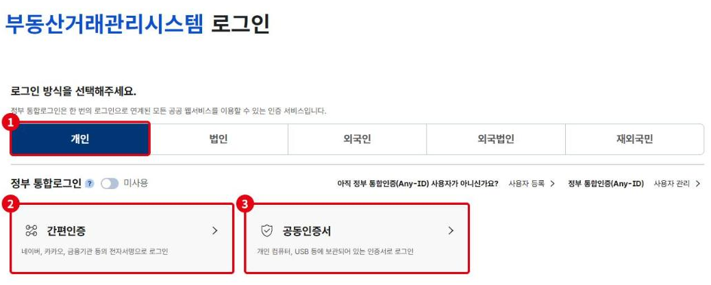 로그인 방식 선택 화면입니다. ①개인 탭, ②간편인증, ③공동인증서 중 하나를 고릅니다.