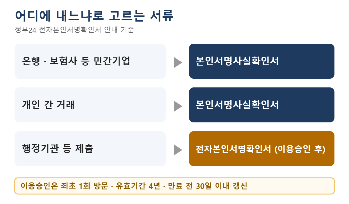 제출처별로 고르는 서류: 민간기업과 개인 간 거래는 방문 발급 확인서, 행정기관 제출은 전자 확인서